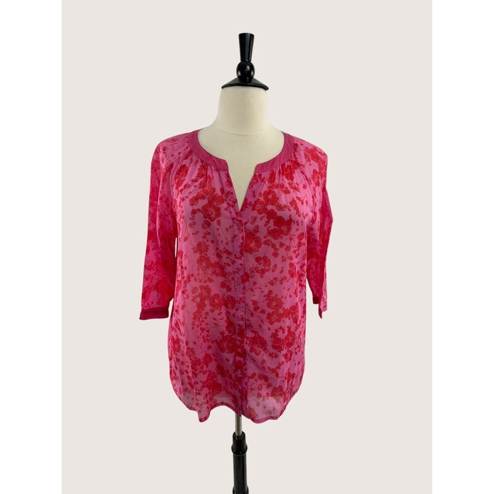 Chicos Pink/Red Sheer Cotton Floral Button Up, Size 3 (XL/16)
